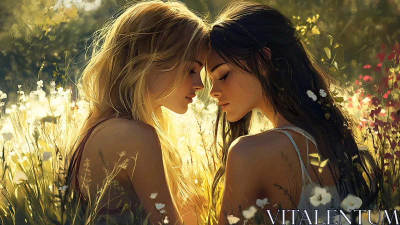 Two women in flower garden with backlit illumination