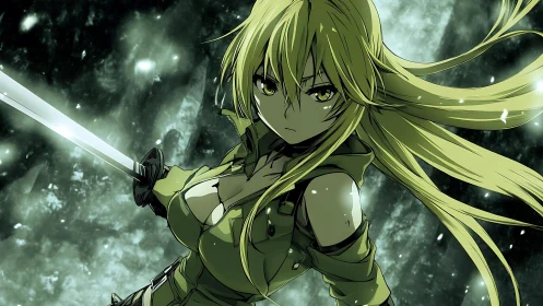 Determined anime swordswoman stands ready in stormlit chaos