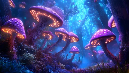 Bioluminescent mushroom forest glows in neon twilight.