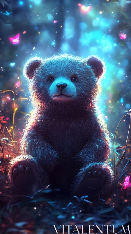Gentle baby bear glowing in a dreamy forest of light.
