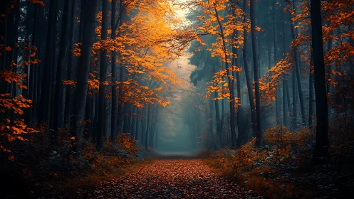 Autumn Forest Path with Golden Canopy Light