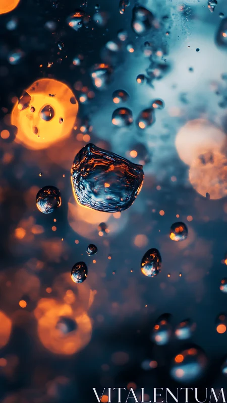 Water droplets float sharply against blurred bokeh lights
