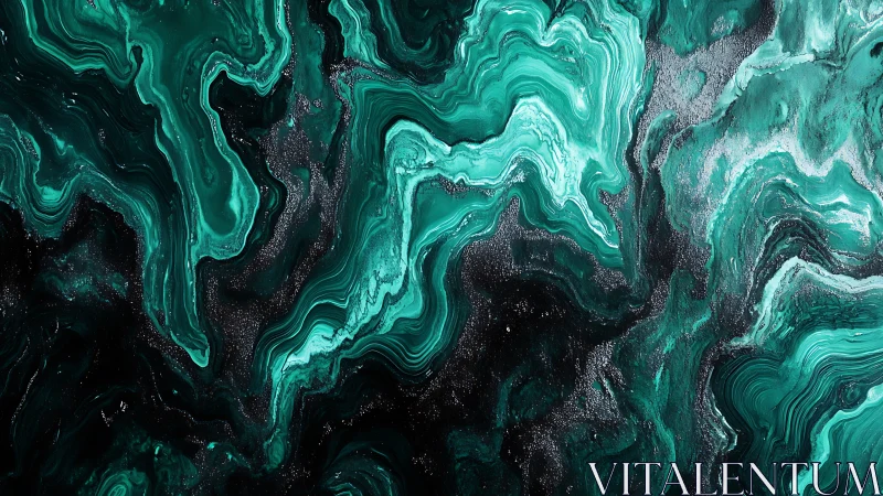 Emerald green fluid abstract with layered marbled waves
