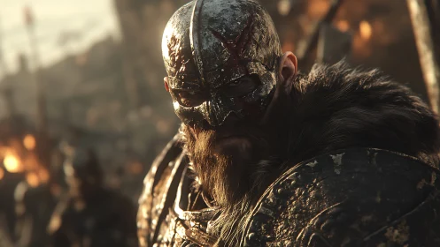 Armored warrior in battle-worn helmet and fur cloak.