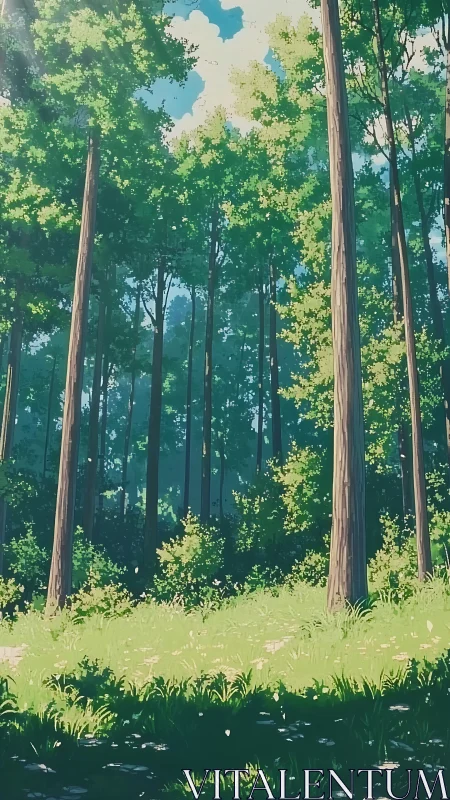 Tall tree grove with canopy light and foreground clearing