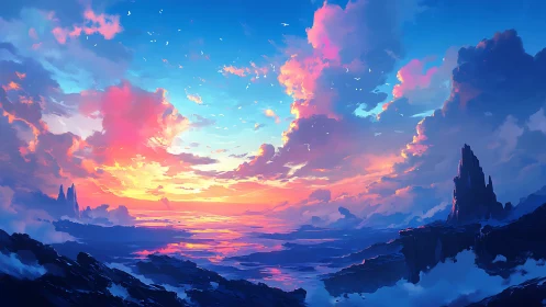 Coastal rock formations under vivid multicolored sunset sky.