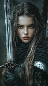 Photorealistic portrait of armored female warrior with sword.