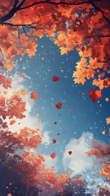 Skyward whirl of autumn leaves over a cloud-bright hush.