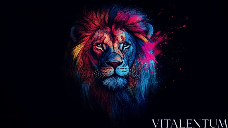 Neon lion portrait glows in splashed, prismatic colors.