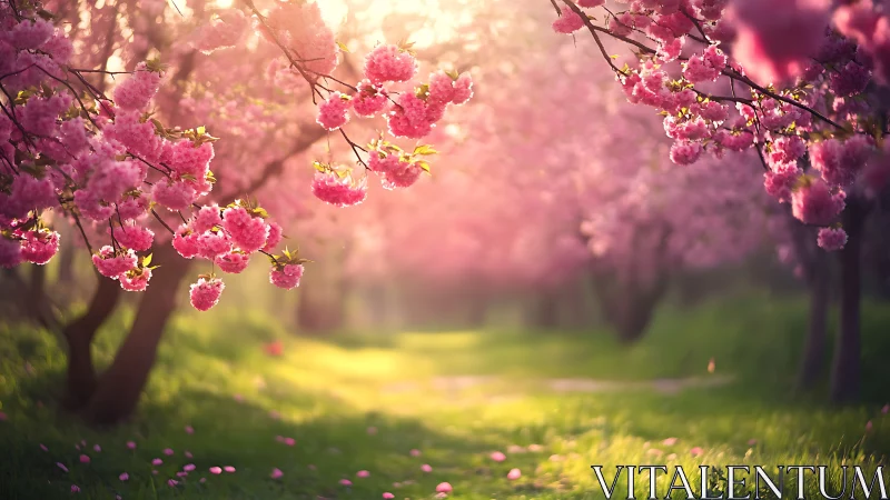 Cherry blossom path in soft spring sunset light.
