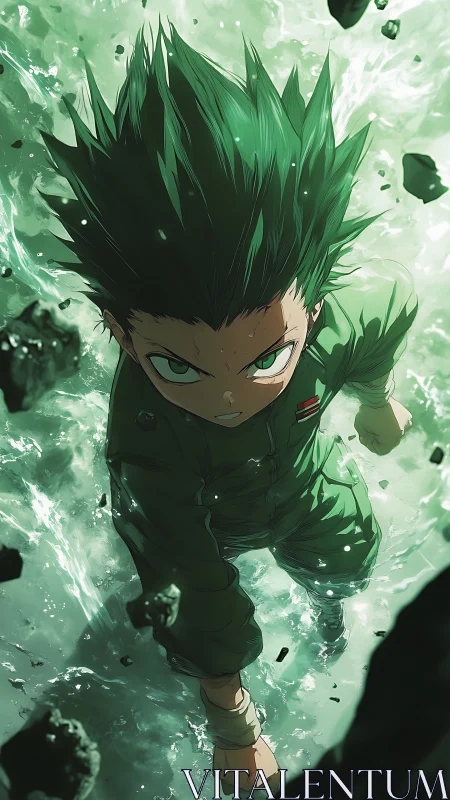 Dynamic upward shot captures anime hero in explosive ascent