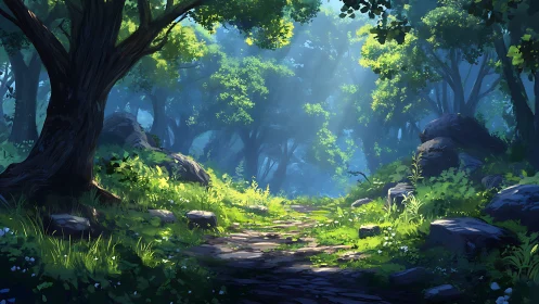 Enchanted Forest Path Under Luminous Canopy