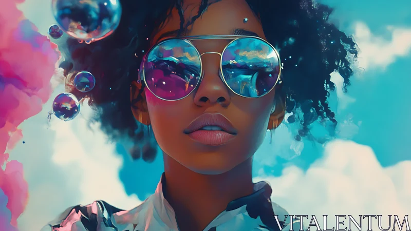 Reflective portrait integrates clouds, bubbles and chromatic lenses