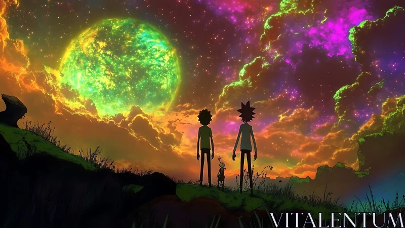 Silhouetted trio under glowing alien sky and planet