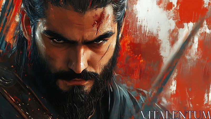 Fierce warrior portrait painted in bold, fiery strokes.