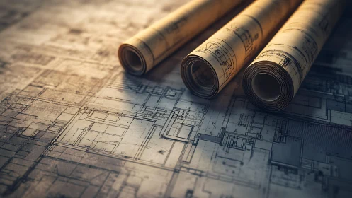 Rolled architectural blueprints positioned on layered construction floor plans