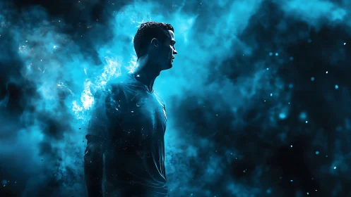 Silhouetted footballer in blue digital smoke environment.