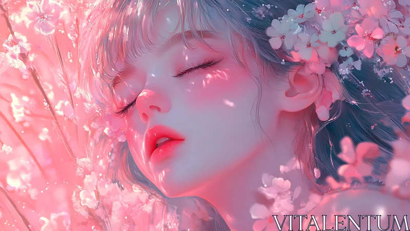 Chromatic sakura portrait under diffuse petal luminance.