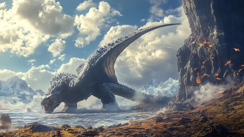 Large spiked dragon in icy mountain valley landscape.