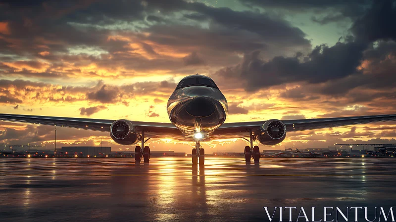 Sunlit jet ready for takeoff under a glowing evening sky.