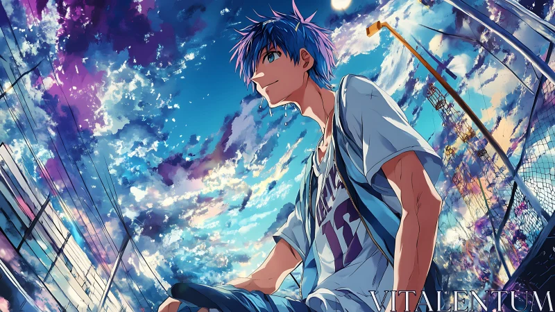 Skyline daydreamer under neon-splashed evening clouds.