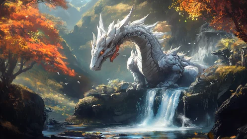 Silver dragon sentinel resting over cascading falls.