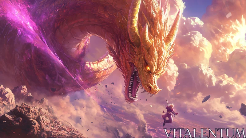Colossal fire dragon confronting lone sky warrior in clouds.
