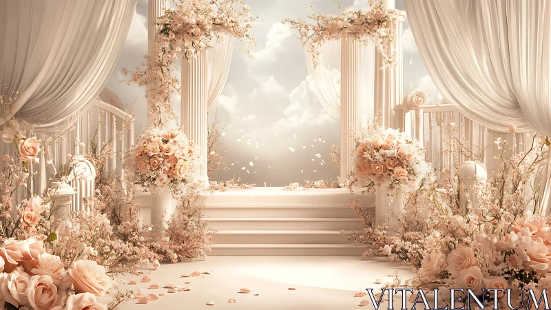 Soft rose garden altar among clouds and flowing drapery.