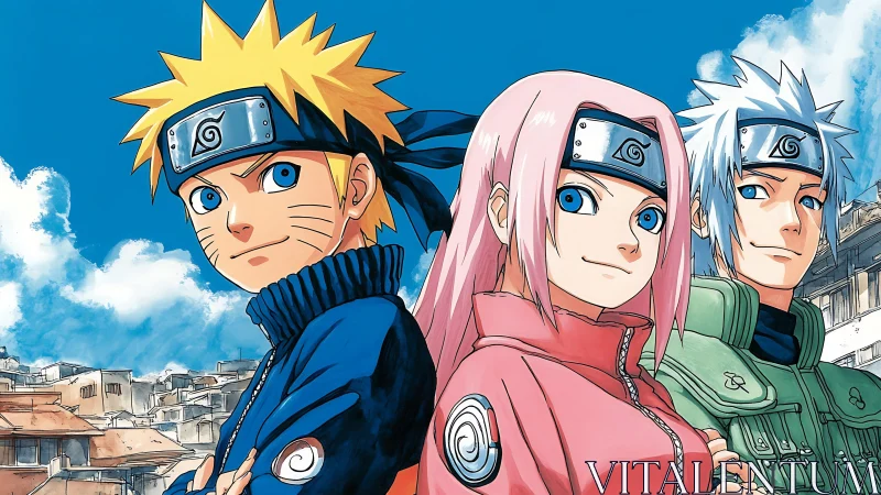 Anime trio in dynamic portrait against architectural skyline