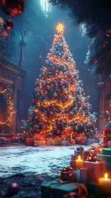 Luminous Christmas tree in snowy grand hall with volumetric light