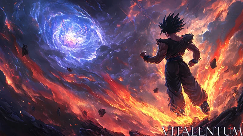 Cosmic warrior confronting erupting vortex of flame and light.