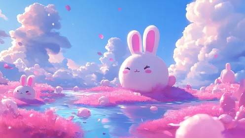 Spherical pastel bunnies float in a luminous cotton-candy landscape