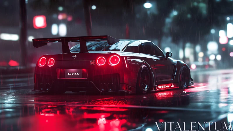 Street-tuned GT-R glows under neon rain on slick city roads