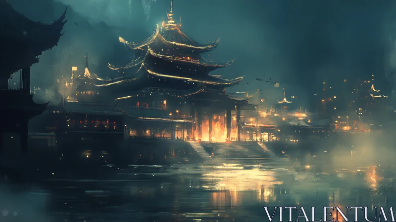 Lakeside temple complex glows with warm light through heavy mist