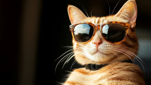 Orange cat wearing sunglasses with mirrored lenses. Cool attitude.