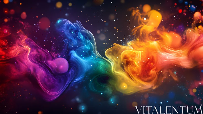 Vibrant swirling rainbow nebula on dark cosmic background.