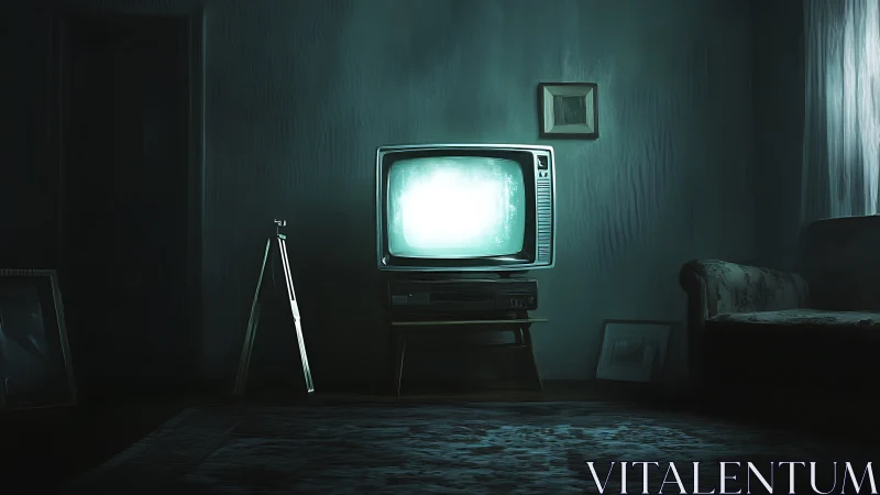 Old television glowing in dim, sparsely furnished room.