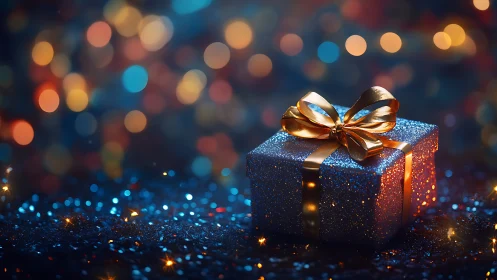 Sparkling gift box with gold ribbon on festive lights.