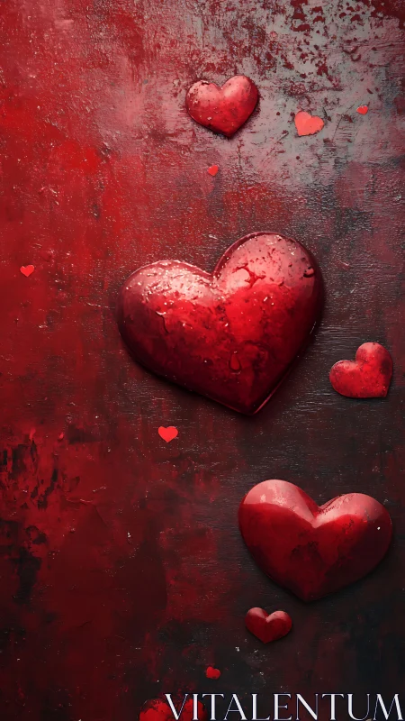 Red 3D Hearts on Textured Dark Surface