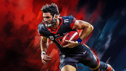 Dynamic football runner charging through vivid colors.