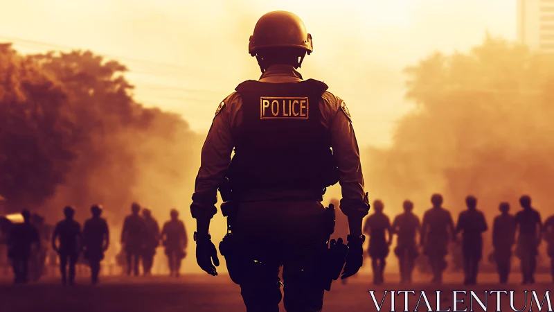 Police officer in tactical gear on hazy urban street.