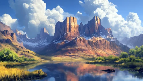 Rock formations rise above reflective alpine water surface