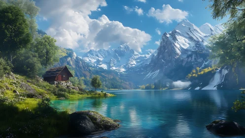 Lakefront cabin beneath crystalline alpine peaks at noon.