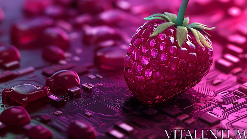 Translucent raspberry sculpture on magenta-lit circuit board.