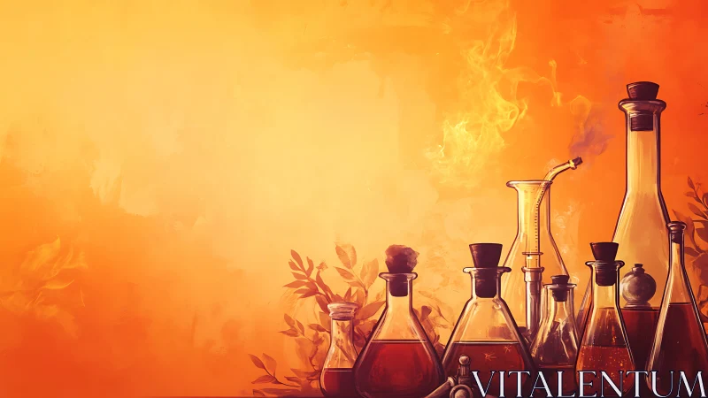 Alchemical glassware lineup against glowing orange fire haze