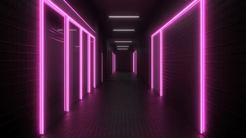 Neon illuminated corridor with parallel rectangular light frames.