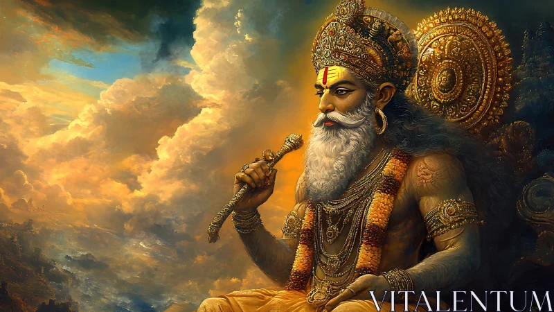 Regal bearded deity gazes over storm-lit mythic skies