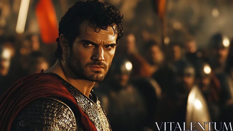 Cinematic portrait of armored commander in battle formation.