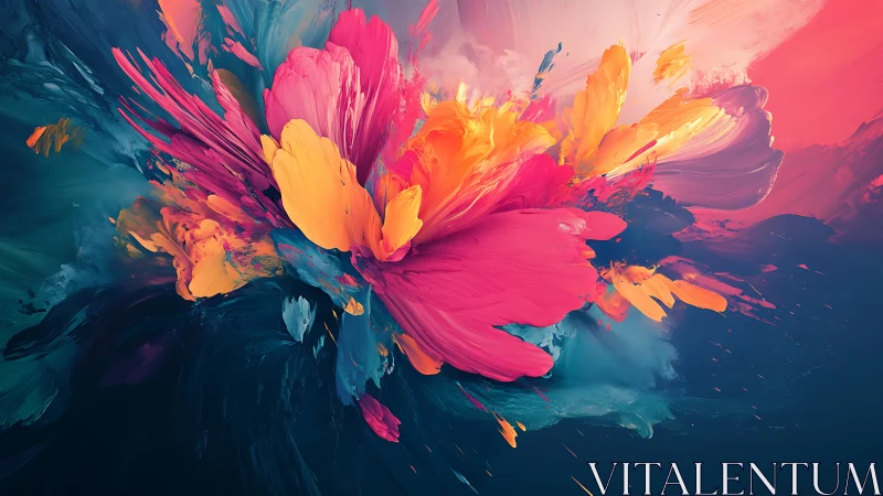 Vibrant abstract bloom exploding through deep teal space.