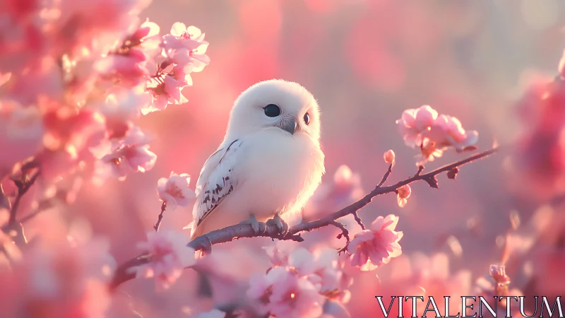 Cute white owl perched on cherry blossom branch, dreamy pastel style.